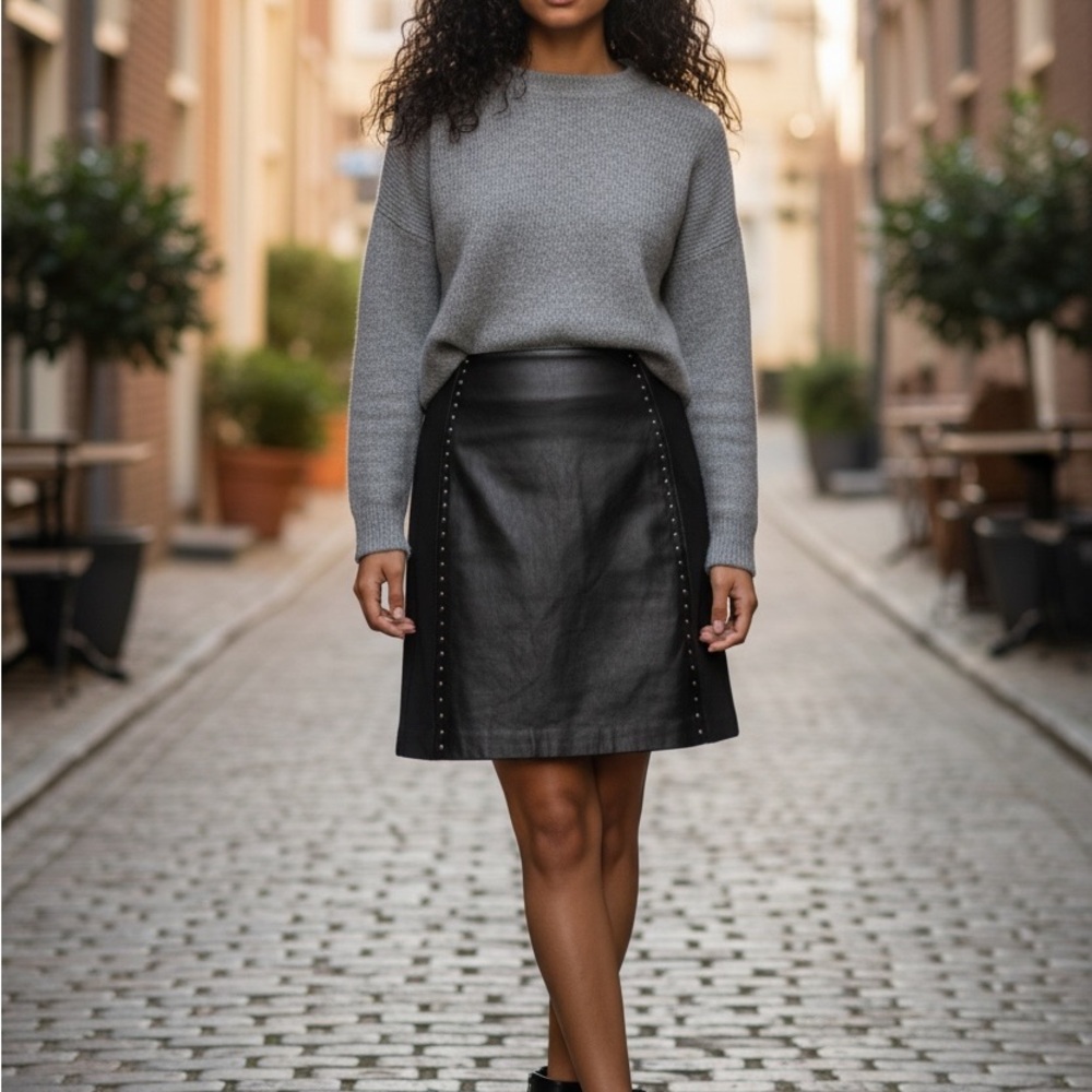 White House Black Market Black Leather/ Spandex Sleek Studded Pencil Skirt Sz 4